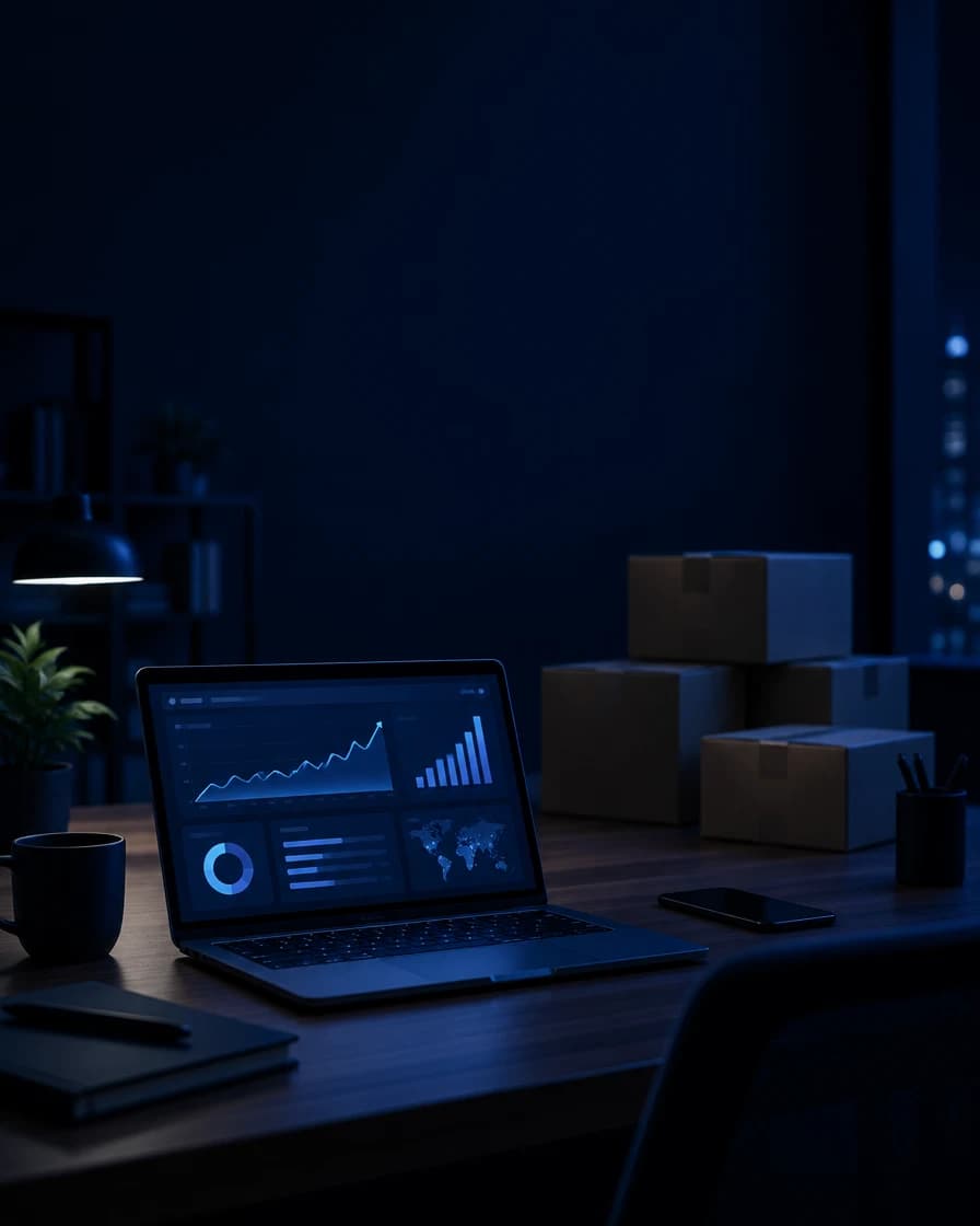 A laptop showing a growth chart on a desk with shipping parcels, in an office at night
