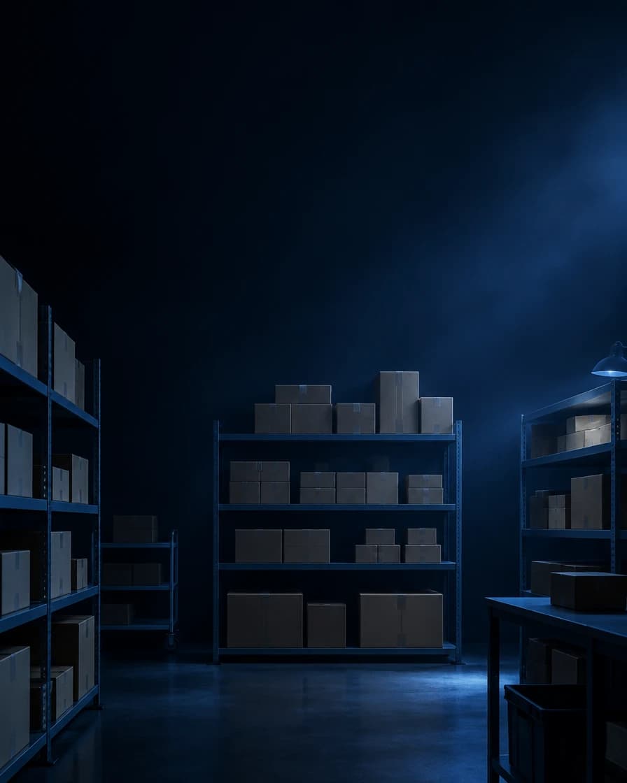 Warehouse shelves stacked with parcels